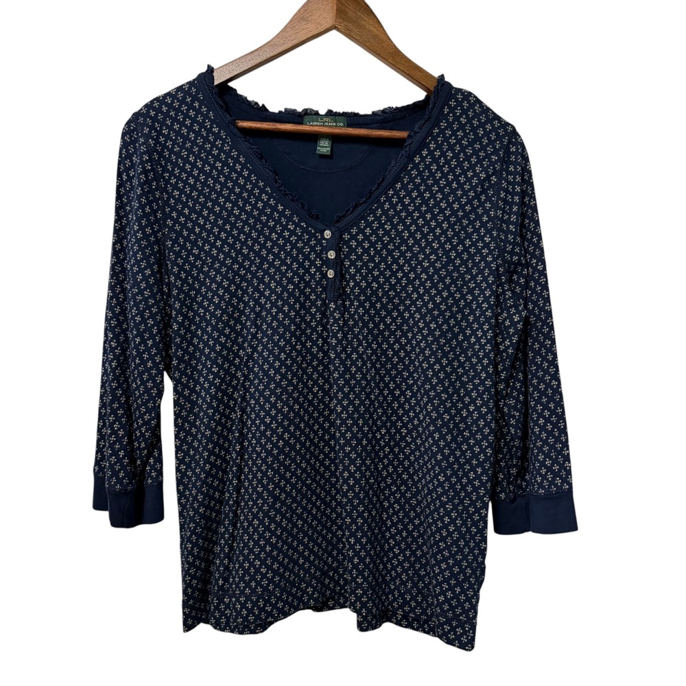 Lauren Ralph Lauren Top Womens XL Henley Navy Floral 3/4 Sleeve Ruffle Layering